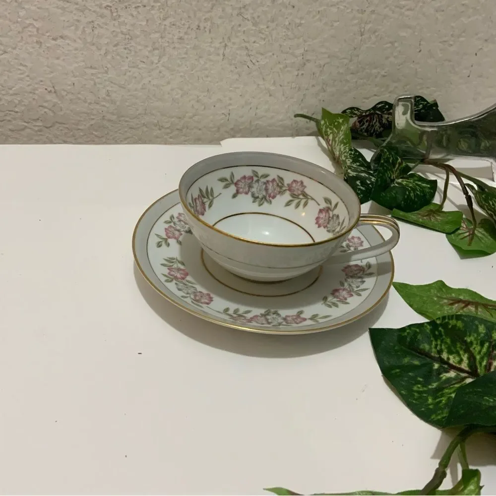 Noritake 5433 Cup & Saucer Dark Pink and Gray Floral VTG Japan G5